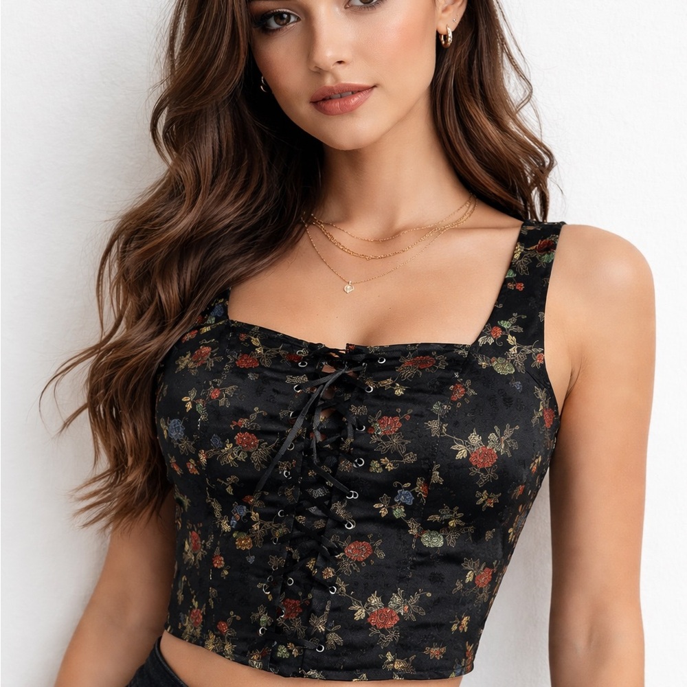 Vintage Rampage Crop Top Floral Embroidered Lace Up Renfaire Festival Whimsygoth